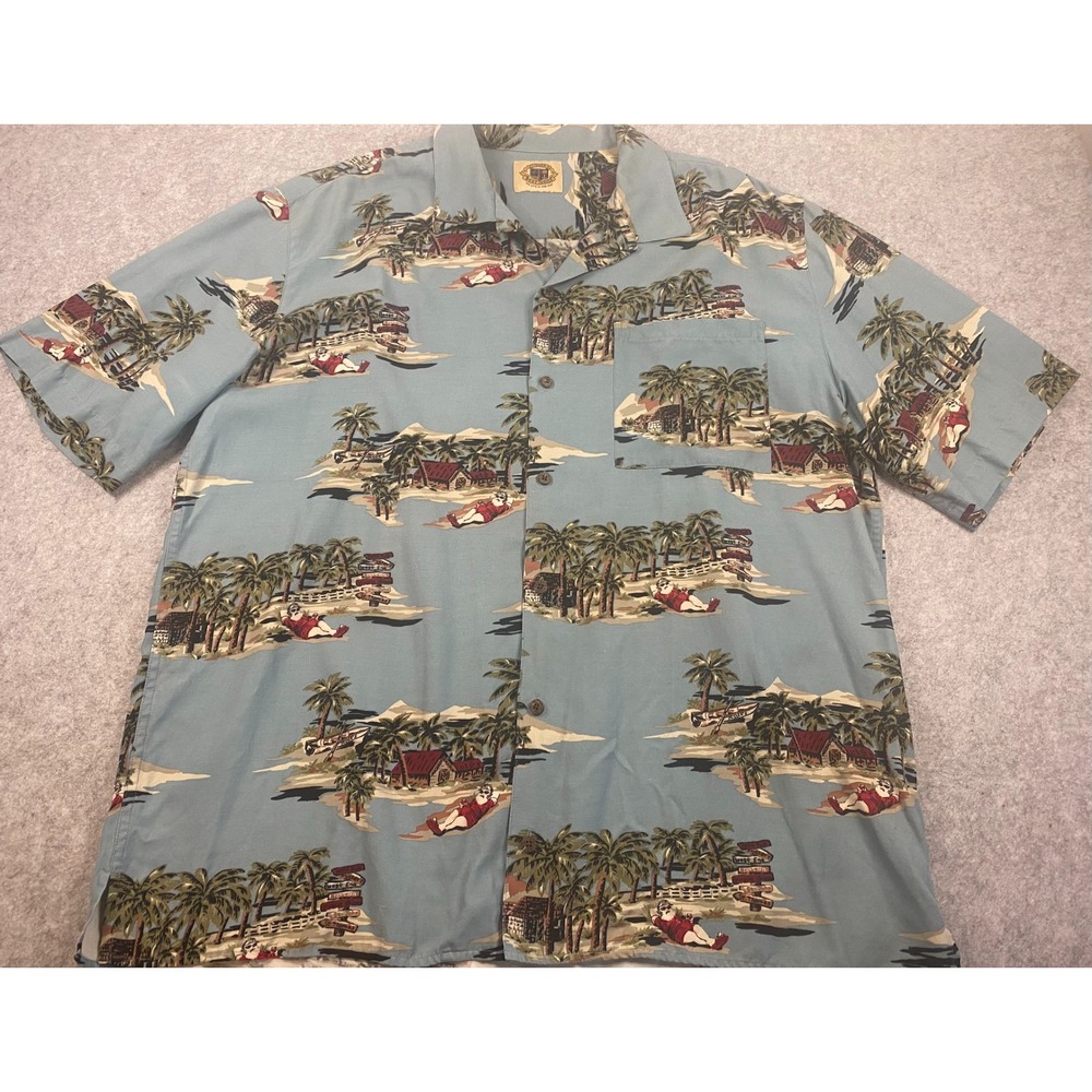Pussers West Indies Mens Large Silk‎ Cotton Tropical Santa Hawaiian Shirt Blue
